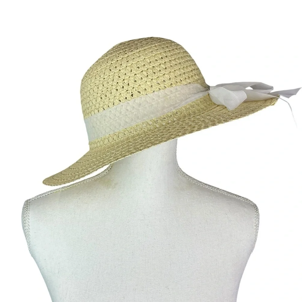 Straw Sun Garden Beach Hat Floppy Wide Brim White Ribbon Neutral Yellow Women OS - Picture 10 of 16